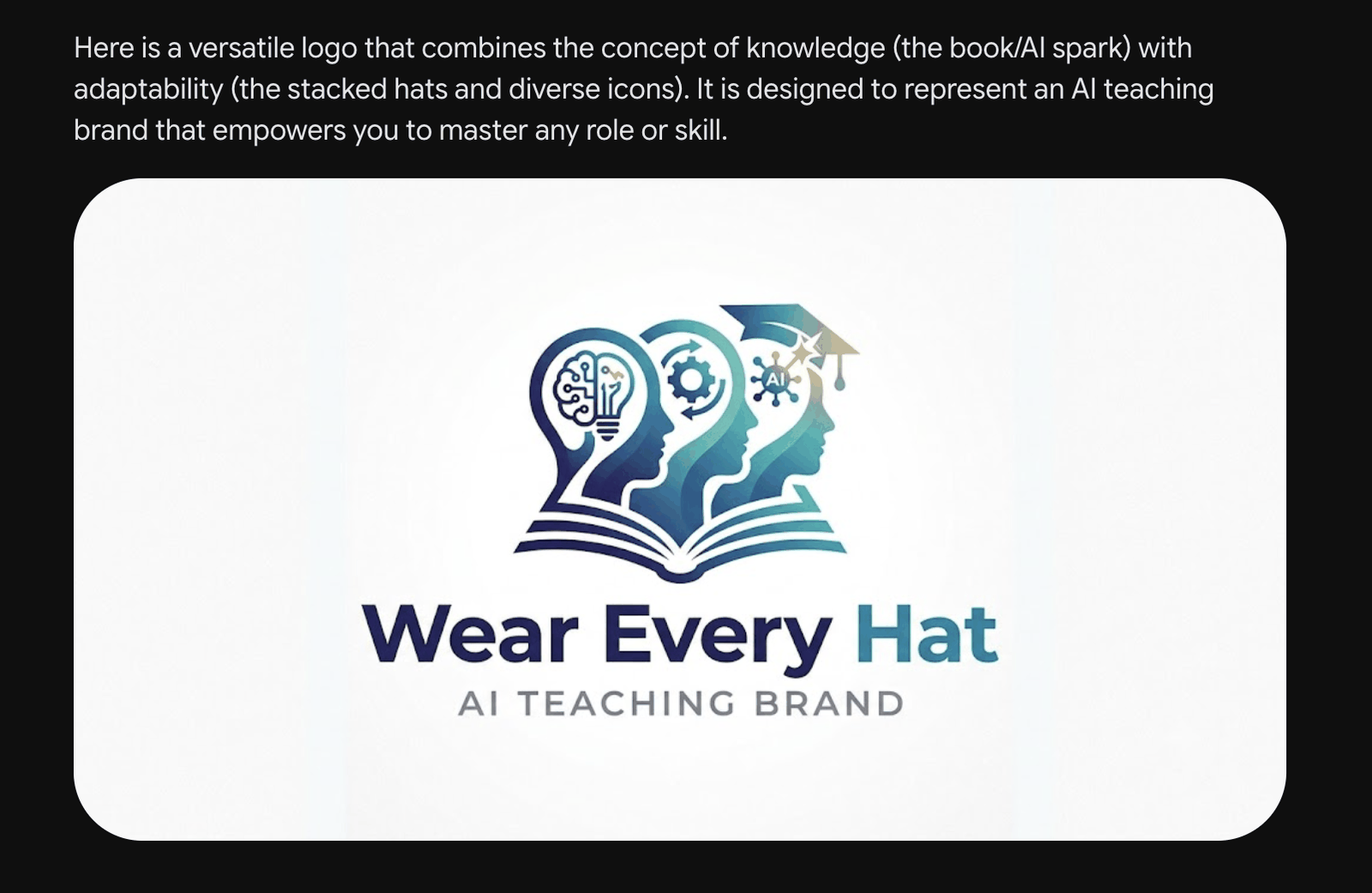 Gemini's response: the Wear Every Hat logo — layered profiles over an open book with a graduation cap