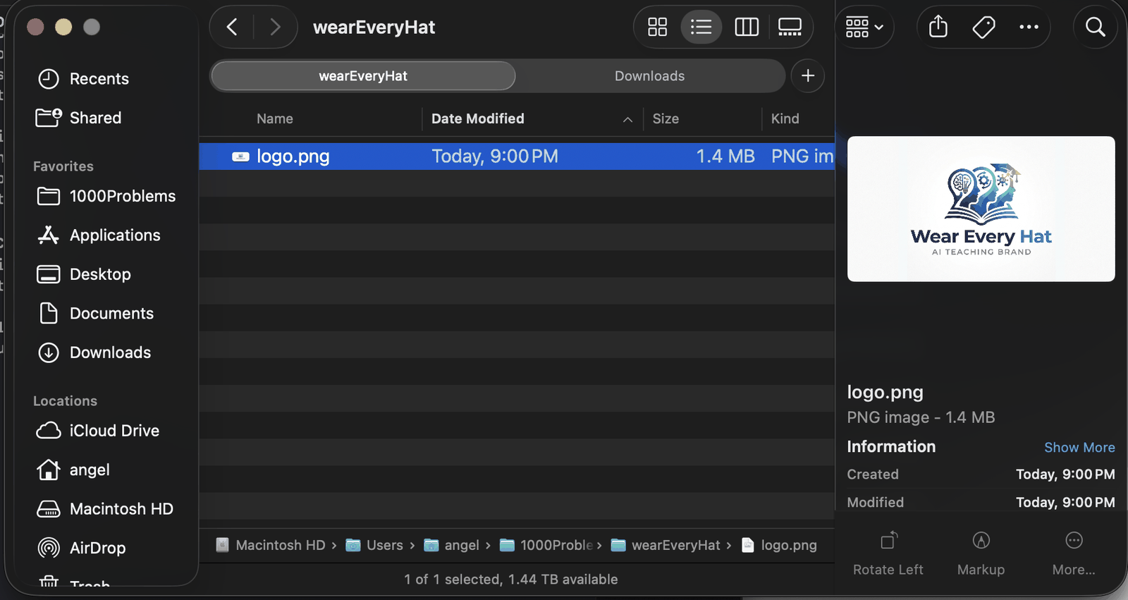 macOS Finder showing wearEveryHat folder containing only logo.png, 1.4 MB