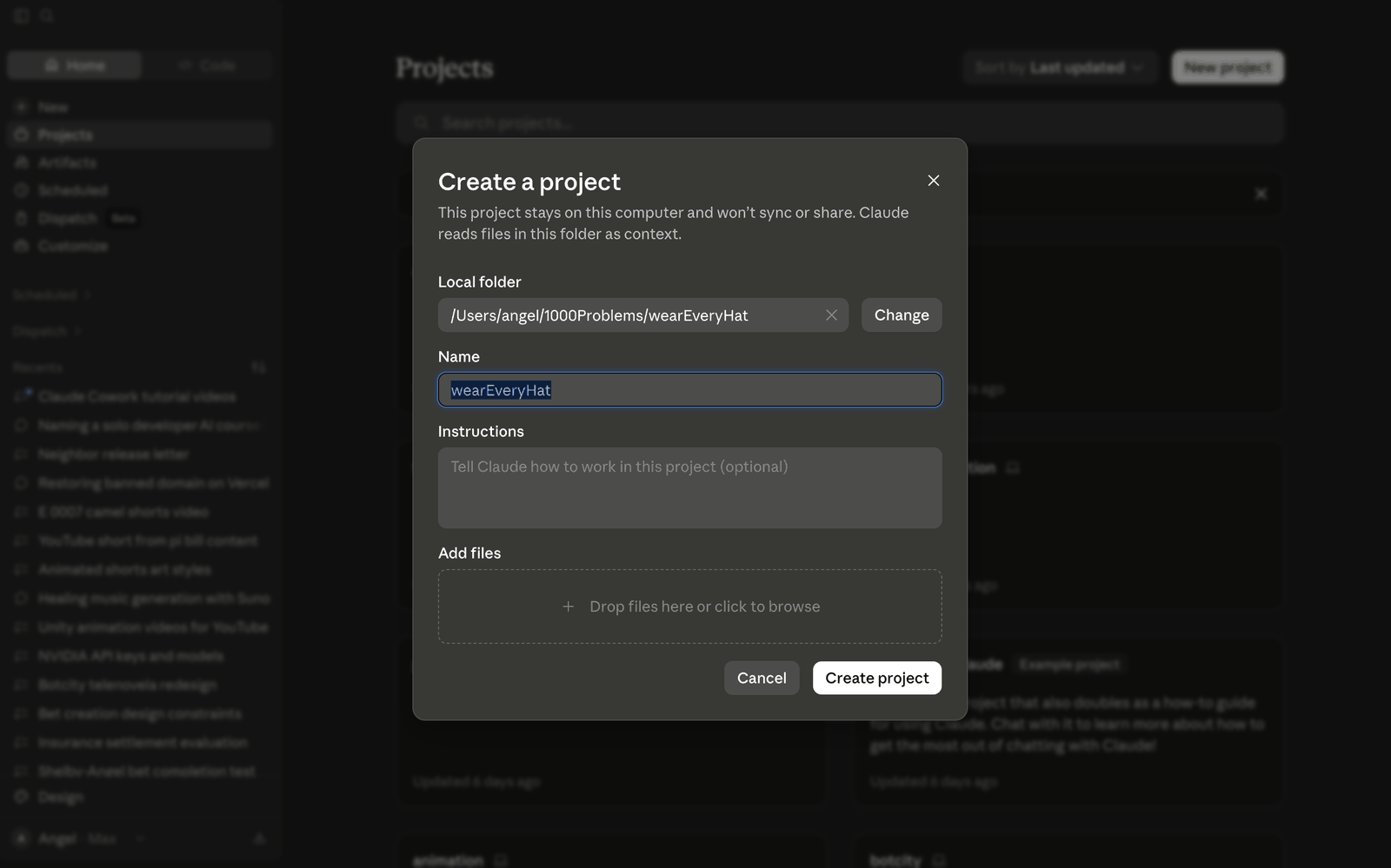 Cowork's Create a project dialog with the local wearEveryHat folder selected