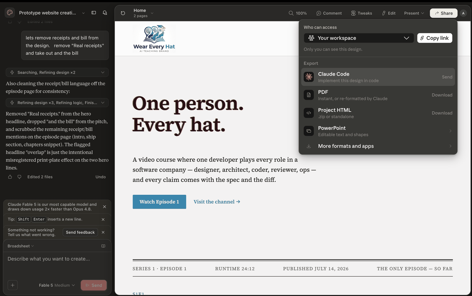 Claude Design prototype: the One person. Every hat. hero with misregistered print-plate effect