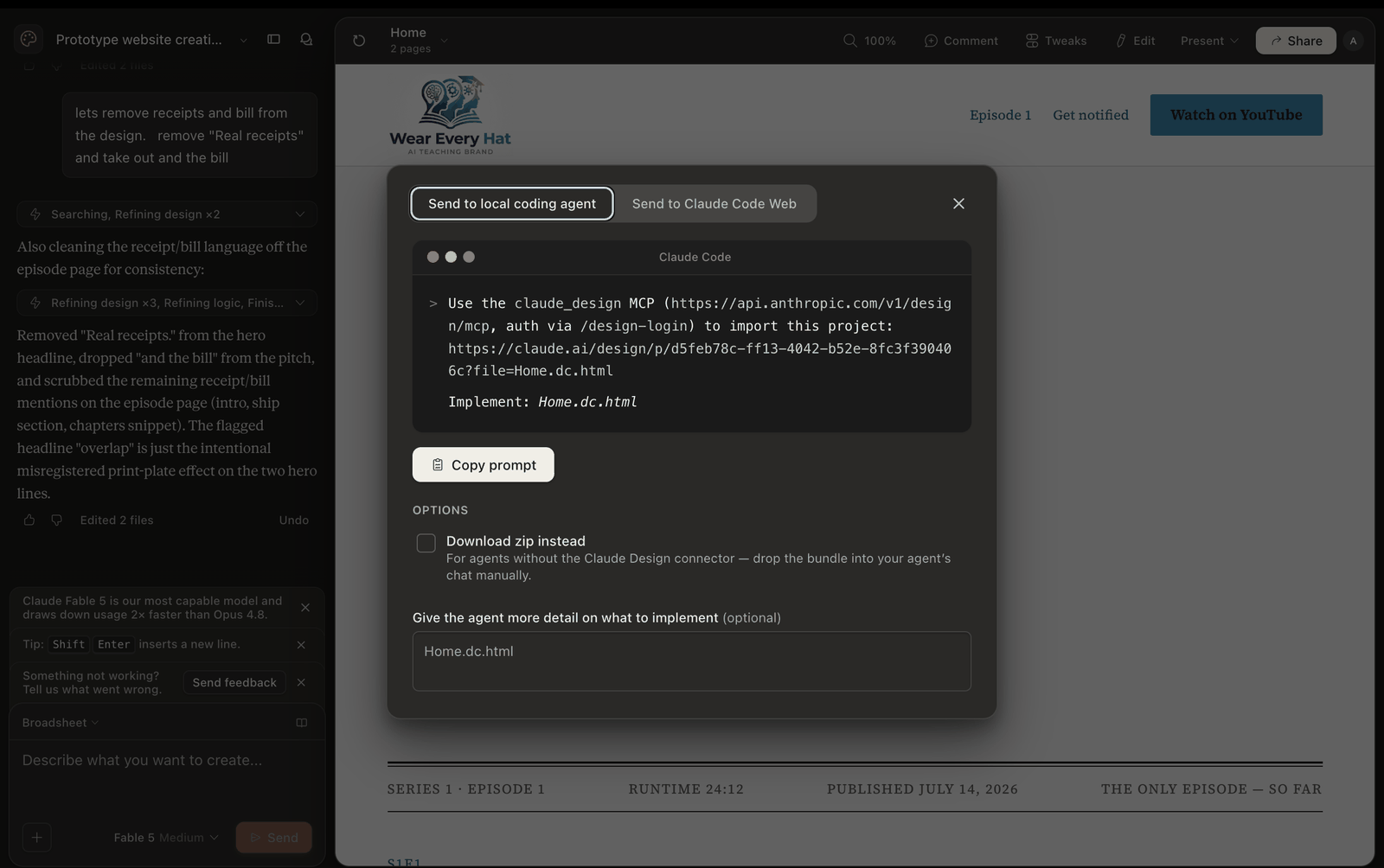 Claude Design export modal: Send to local coding agent, with the claude_design MCP import prompt