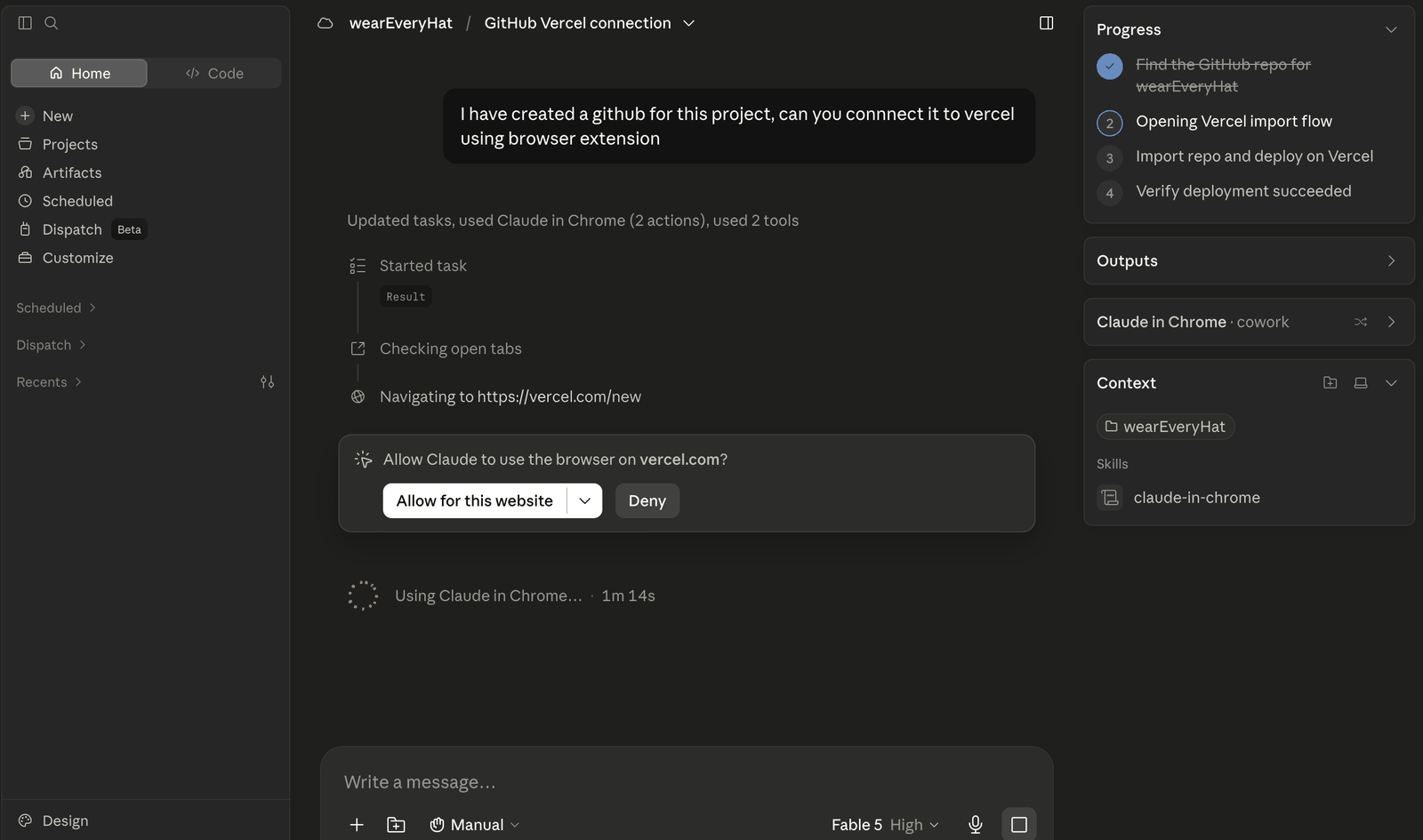 Cowork asking: Allow Claude to use the browser on vercel.com? with Allow and Deny buttons