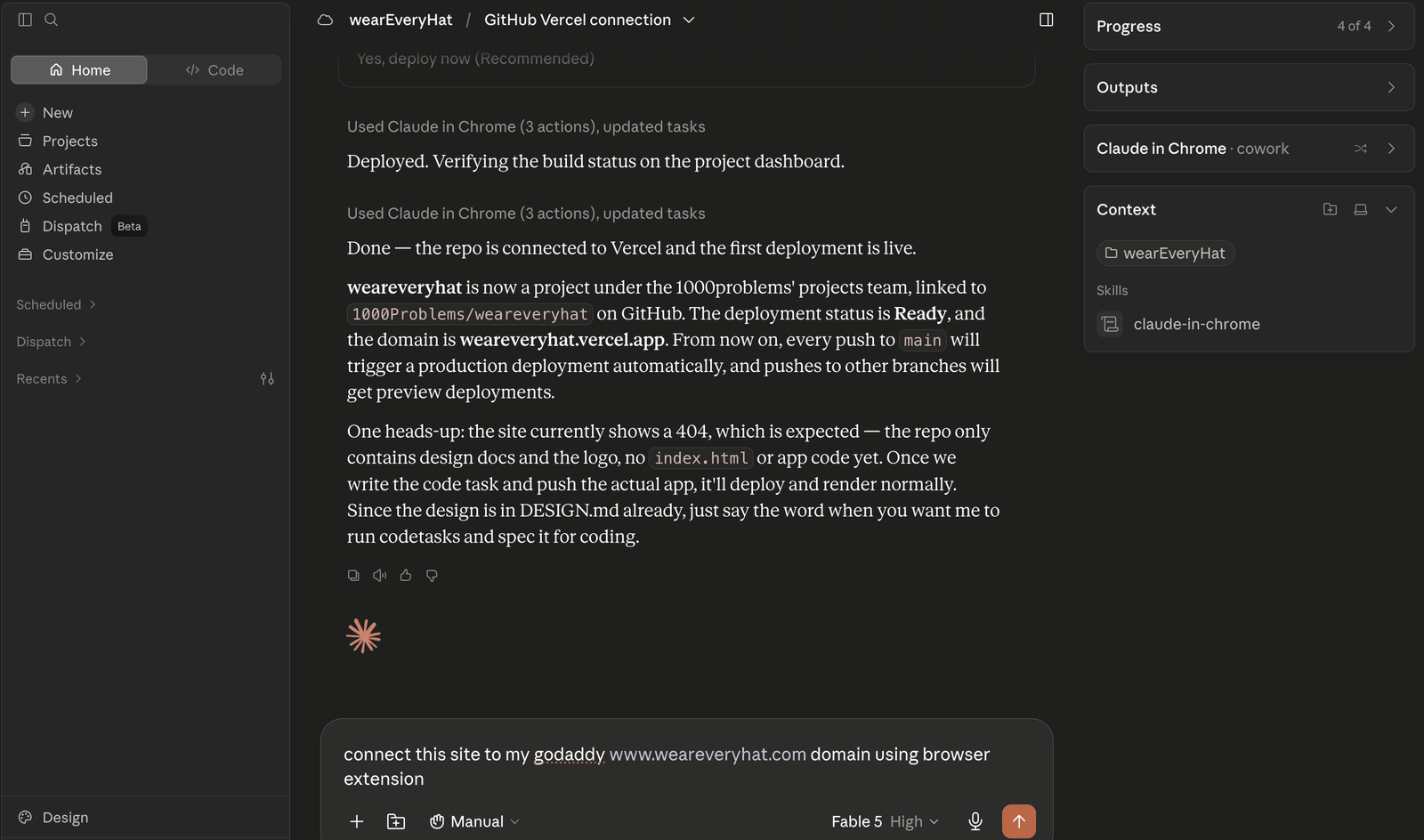 Cowork result: repo connected to Vercel, first deployment live, with a heads-up that the site 404s