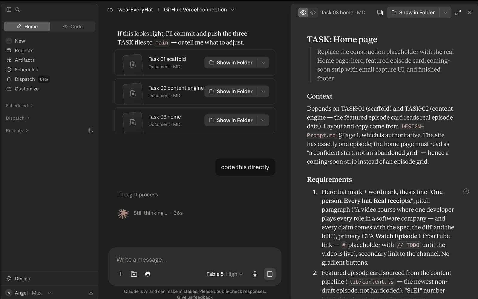 Cowork presenting three TASK spec files with a TASK-03 spec open showing context and requirements