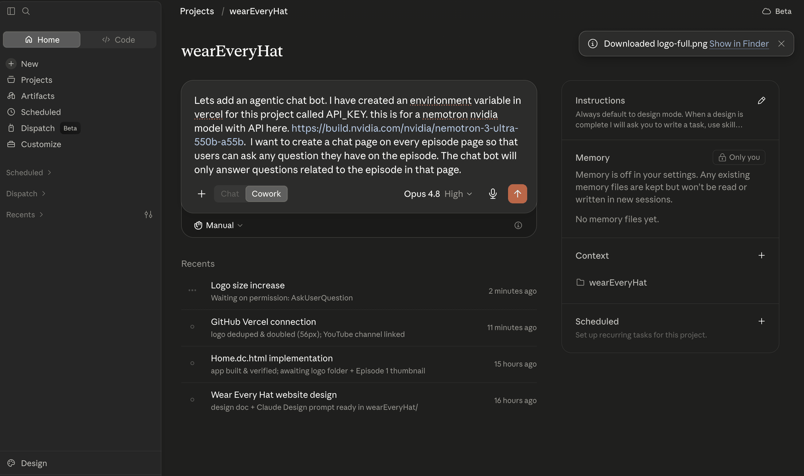 Cowork prompt kicking off the agentic chatbot: API_KEY env var in Vercel, Nemotron model, a chat page per episode